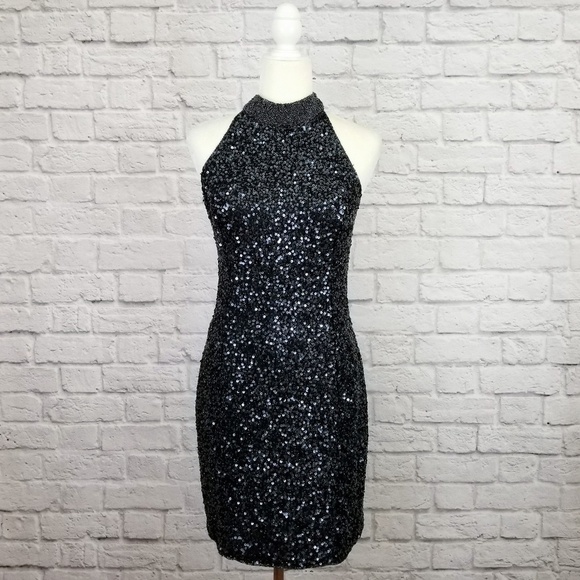 Stenay vintage black sequined halter mini form fitting dress women's size 10 - Picture 2 of 9